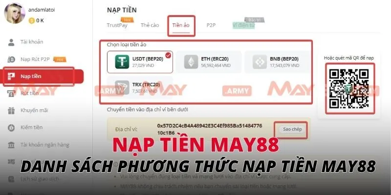 Danh sách phương thức nạp tiền May88 phổ biến